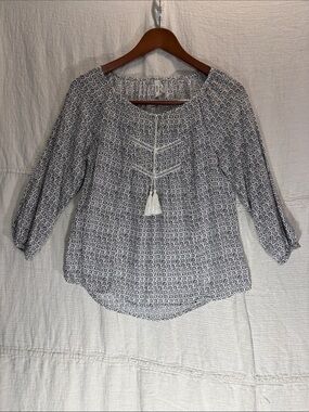 Mudd White Blouse with Navy Geometric Pattern and Tassel Tie 100% Rayon